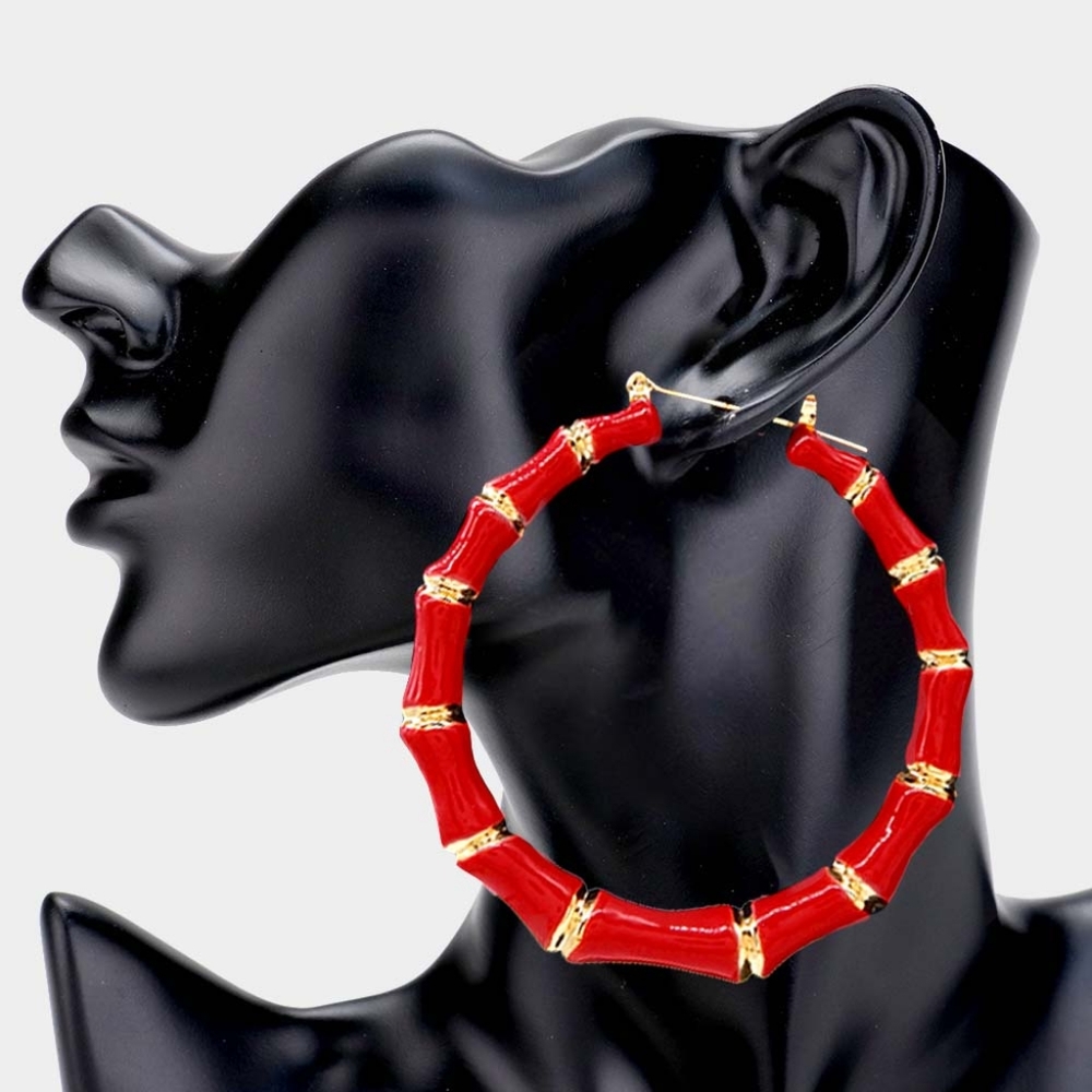 Red and Gold Bamboo Door Knocker Earrings Trendy 3" Textured Metal Hoop